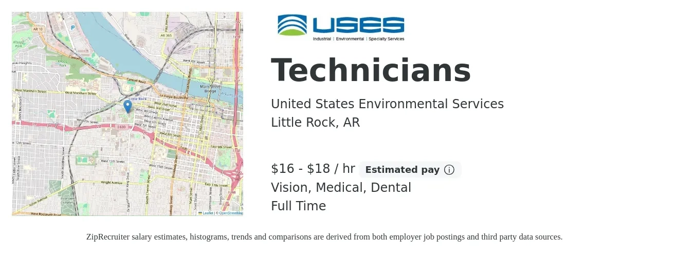 United States Environmental Services job posting for a Technicians in Little Rock, AR with a salary of $17 to $19 Hourly and benefits including dental, life_insurance, medical, pto, retirement, and vision with a map of Little Rock location.