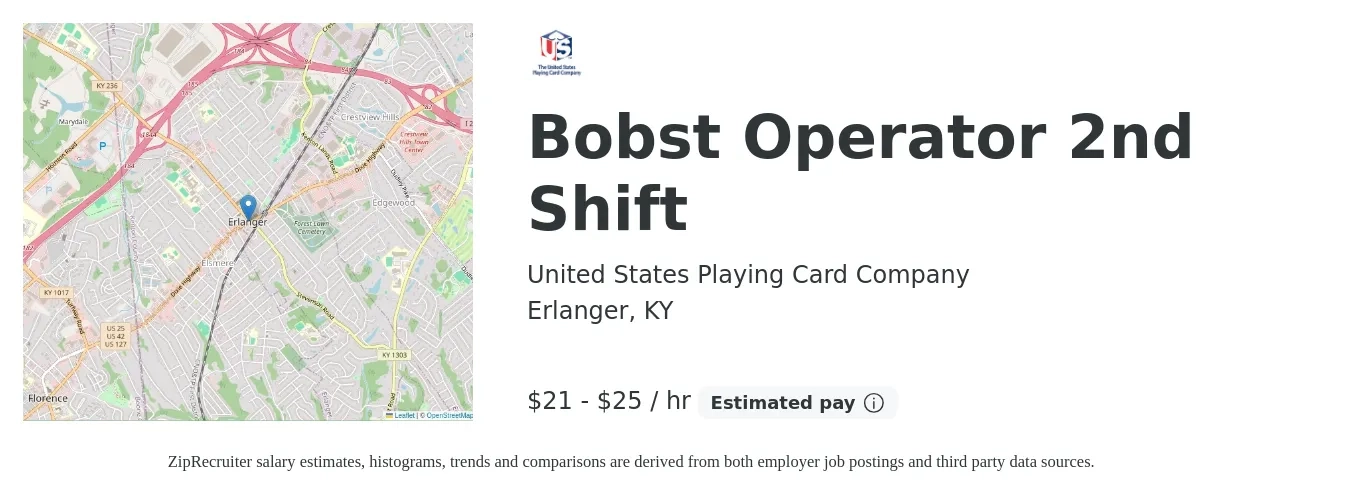 United States Playing Card Company job posting for a Bobst Operator 2nd Shift in Erlanger, KY with a salary of $22 to $26 Hourly with a map of Erlanger location.