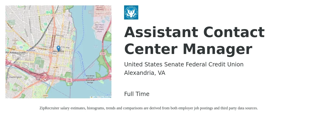United States Senate Federal Credit Union job posting for a Assistant Contact Center Manager in Alexandria, VA with a salary of $17 to $26 Hourly with a map of Alexandria location.