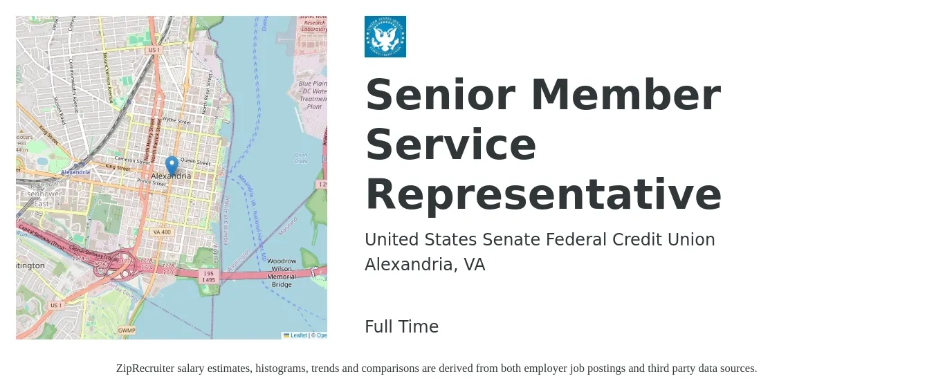 United States Senate Federal Credit Union job posting for a Senior Member Service Representative in Alexandria, VA with a salary of $13 to $21 Hourly with a map of Alexandria location.