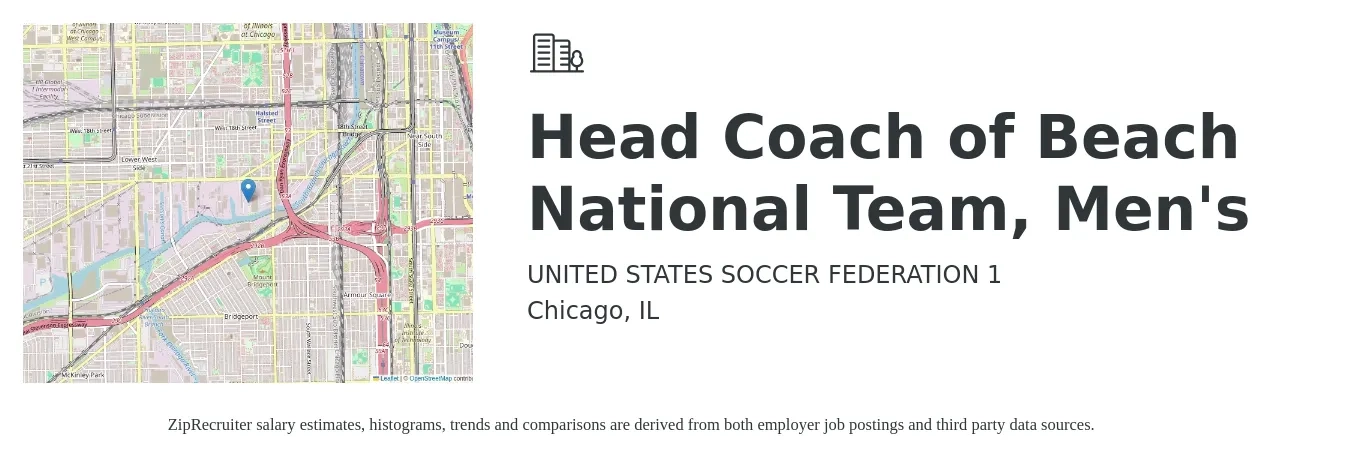 UNITED STATES SOCCER FEDERATION 1 job posting for a Head Coach of Beach National Team, Men's in Chicago, IL with a salary of $44,800 to $66,000 Yearly with a map of Chicago location.