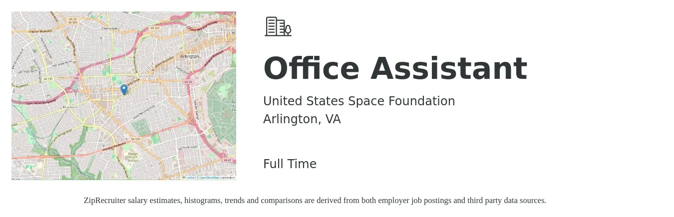 United States Space Foundation job posting for a Office Assistant in Arlington, VA with a salary of $19 to $25 Hourly with a map of Arlington location.