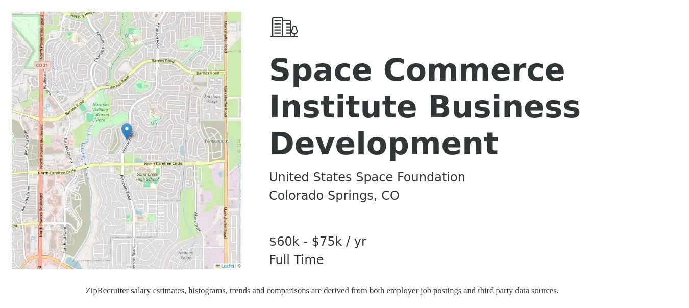 United States Space Foundation job posting for a Space Commerce Institute Business Development in Colorado Springs, CO with a salary of $60,000 to $75,000 Yearly with a map of Colorado Springs location.
