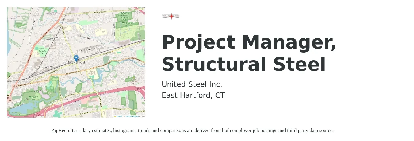 United Steel Inc. job posting for a Project Manager, Structural Steel in East Hartford, CT with a salary of $77,300 to $121,100 Yearly with a map of East Hartford location.
