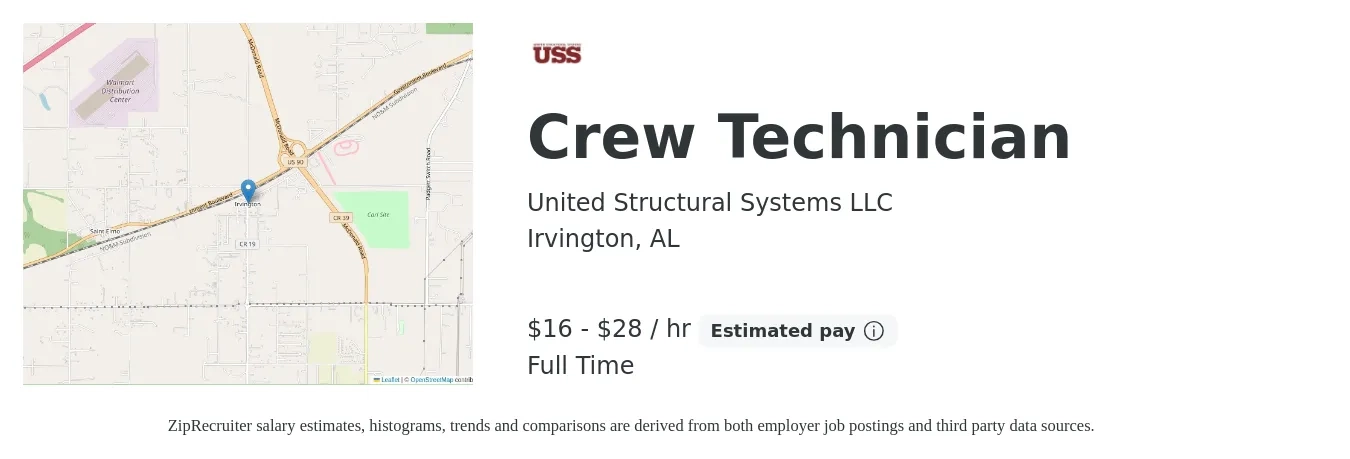 United Structural Systems LLC job posting for a Crew Technician in Irvington, AL with a salary of $17 to $30 Hourly with a map of Irvington location.