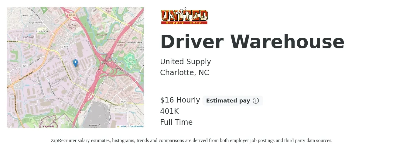 United Supply job posting for a Driver Warehouse in Charlotte, NC with a salary of $17 to $18 Hourly and benefits including 401k with a map of Charlotte location.