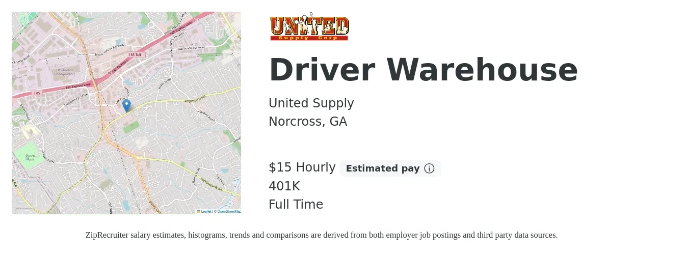 United Supply job posting for a Driver Warehouse in Norcross, GA with a salary of $16 to $16 Hourly and benefits including 401k with a map of Norcross location.