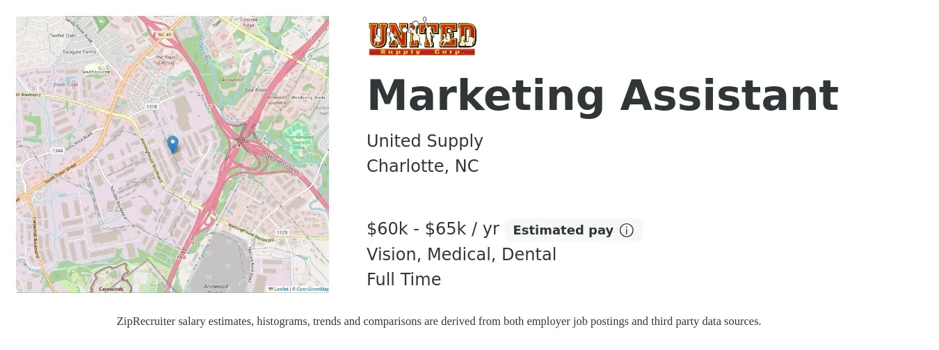 United Supply job posting for a Marketing Assistant in Charlotte, NC with a salary of $60,000 to $65,000 Yearly and benefits including dental, life_insurance, medical, pto, and vision with a map of Charlotte location.