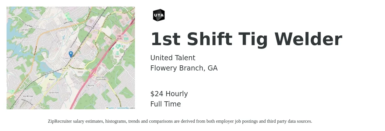 United Talent job posting for a 1st Shift Tig Welder in Flowery Branch, GA with a salary of $25 Hourly with a map of Flowery Branch location.
