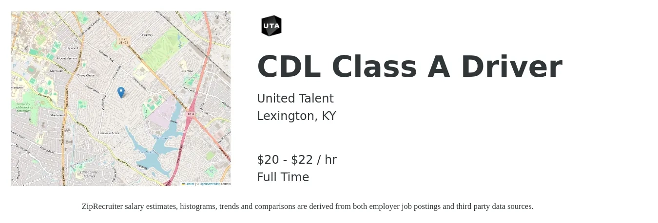 United Talent job posting for a CDL Class A Driver in Lexington, KY with a salary of $21 to $23 Hourly with a map of Lexington location.