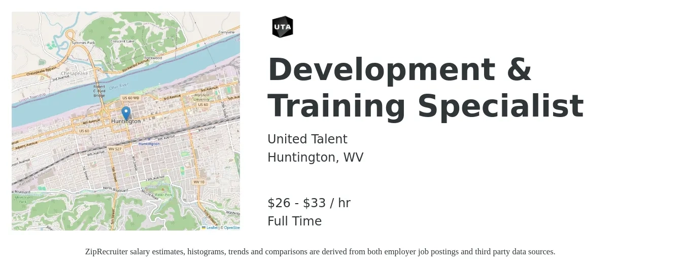 United Talent job posting for a Development & Training Specialist in Huntington, WV with a salary of $28 to $35 Hourly with a map of Huntington location.