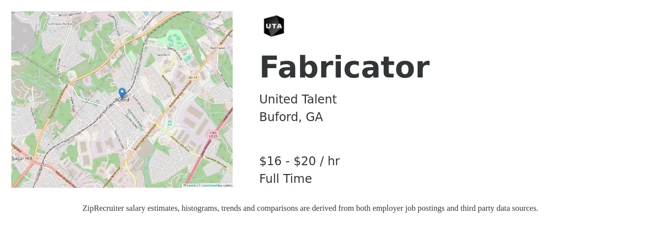 United Talent job posting for a Fabricator in Buford, GA with a salary of $17 to $21 Hourly with a map of Buford location.