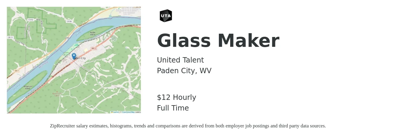 United Talent job posting for a Glass Maker in Paden City, WV with a salary of $14 Hourly with a map of Paden City location.