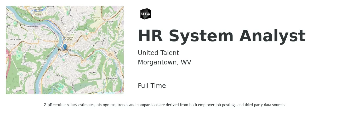 United Talent job posting for a HR System Analyst in Morgantown, WV with a salary of $65,300 to $95,700 Yearly with a map of Morgantown location.