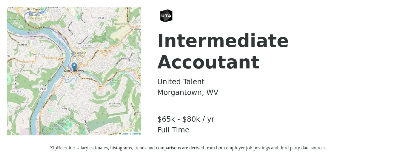 United Talent job posting for a Intermediate Accoutant in Morgantown, WV with a salary of $65,000 to $80,000 Yearly with a map of Morgantown location.