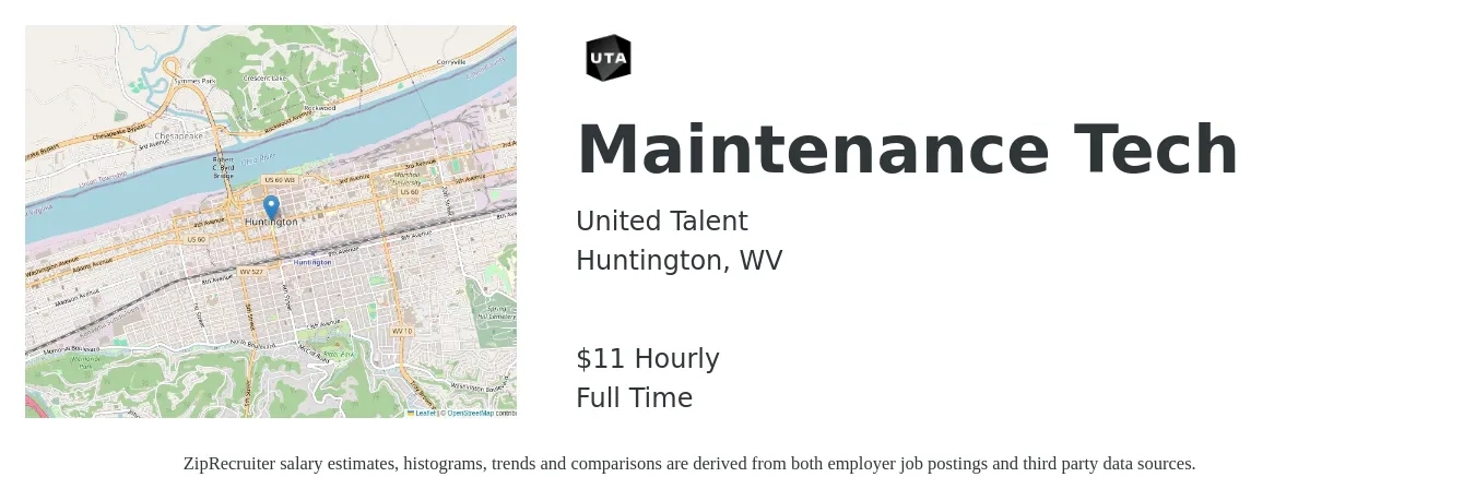 United Talent job posting for a Maintenance Tech in Huntington, WV with a salary of $12 Hourly with a map of Huntington location.