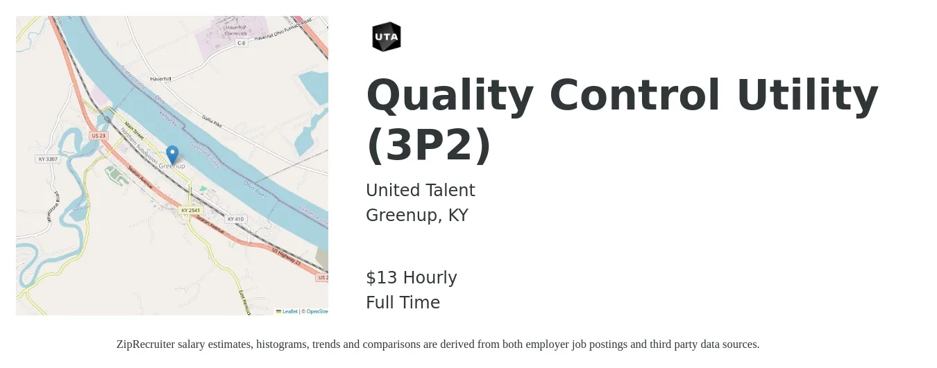 United Talent job posting for a Quality Control Utility (3P2) in Greenup, KY with a salary of $14 Hourly with a map of Greenup location.