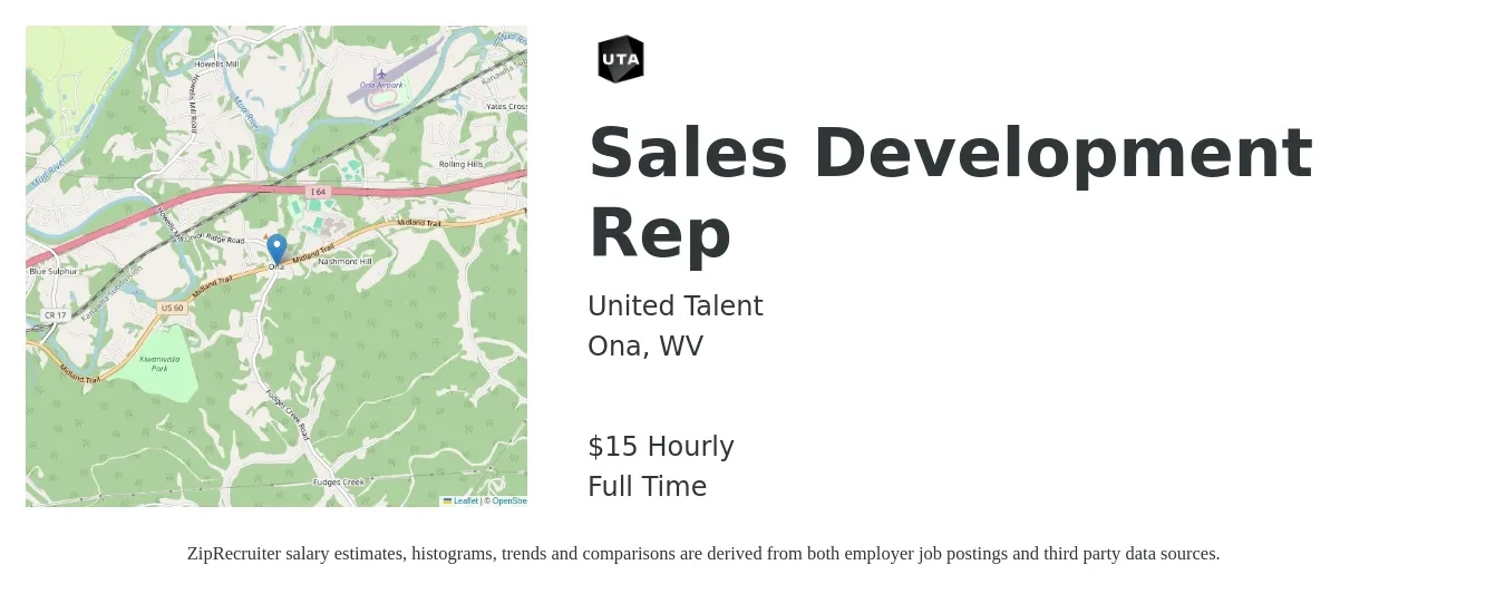 United Talent job posting for a Sales Development Rep in Ona, WV with a salary of $16 Hourly with a map of Ona location.
