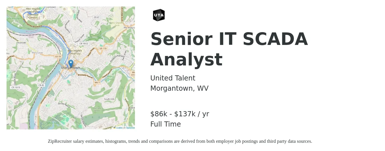 United Talent job posting for a Senior IT SCADA Analyst in Morgantown, WV with a salary of $86,000 to $137,000 Yearly with a map of Morgantown location.