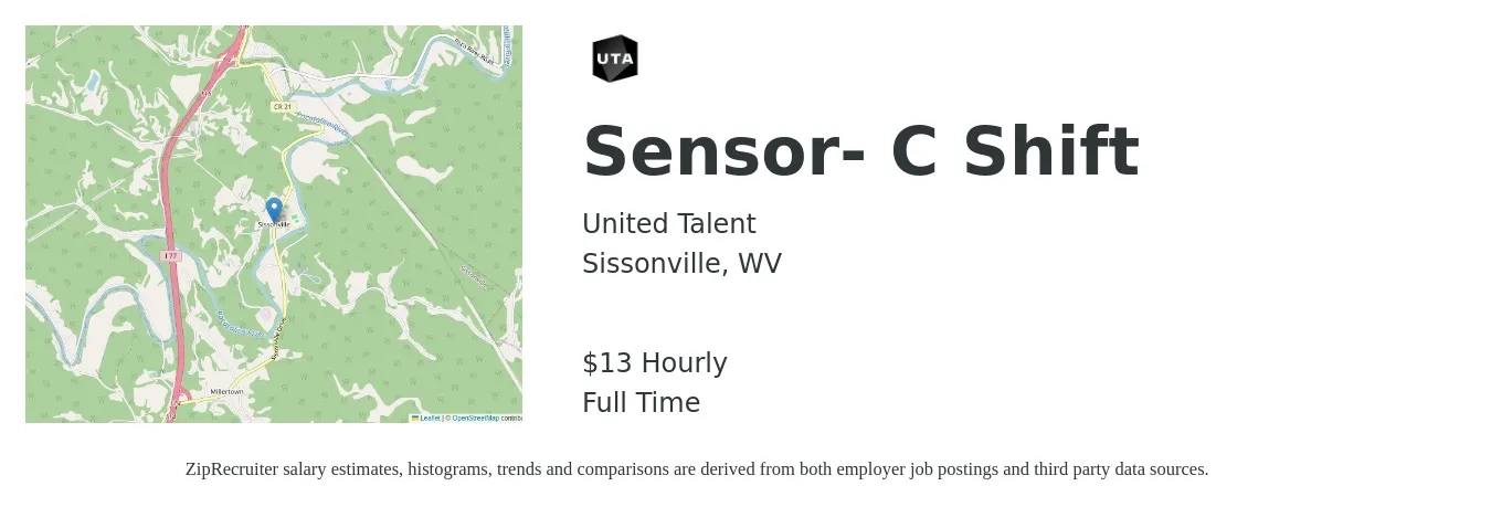United Talent job posting for a Sensor- C Shift in Sissonville, WV with a salary of $14 Hourly with a map of Sissonville location.