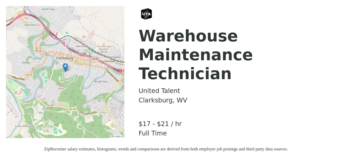 United Talent job posting for a Warehouse Maintenance Technician in Clarksburg, WV with a salary of $18 to $23 Hourly with a map of Clarksburg location.