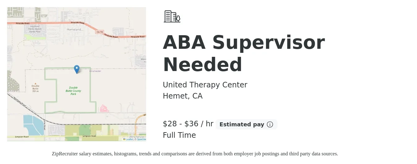 United Therapy Center job posting for a ABA Supervisor Needed in Hemet, CA with a salary of $30 to $35 Hourly with a map of Hemet location.
