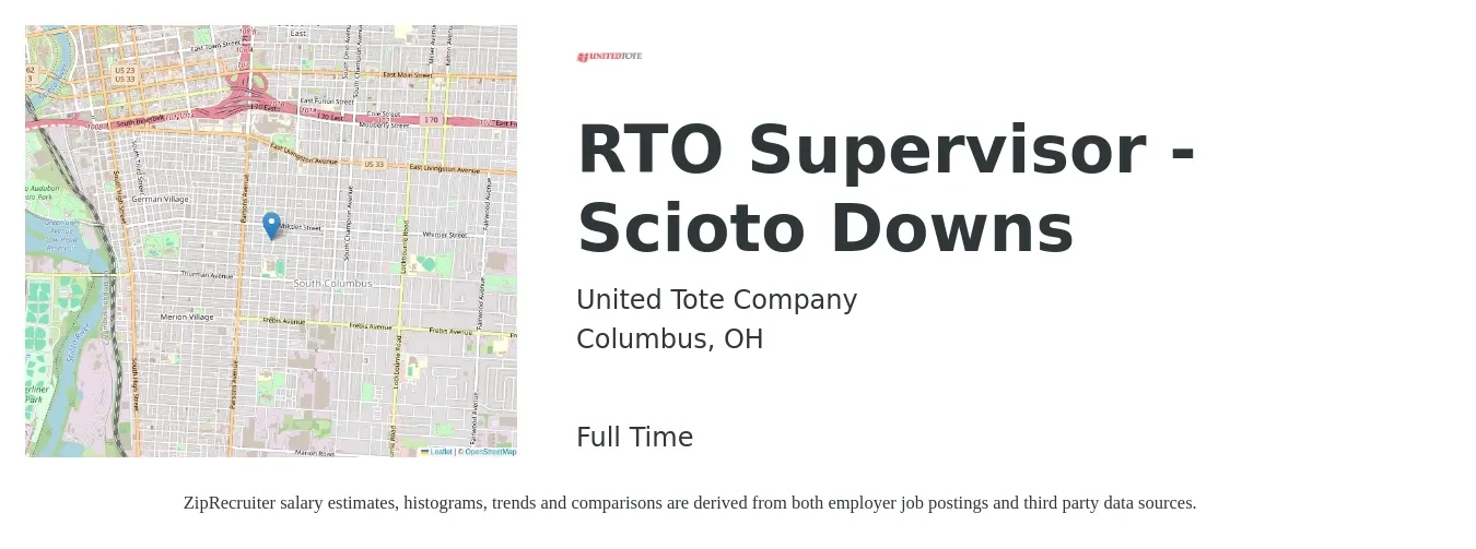 United Tote Company job posting for a RTO Supervisor - Scioto Downs in Columbus, OH with a salary of $50,200 to $83,100 Yearly with a map of Columbus location.