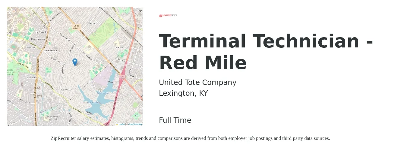 United Tote Company job posting for a Terminal Technician - Red Mile in Lexington, KY with a salary of $16 to $20 Hourly with a map of Lexington location.