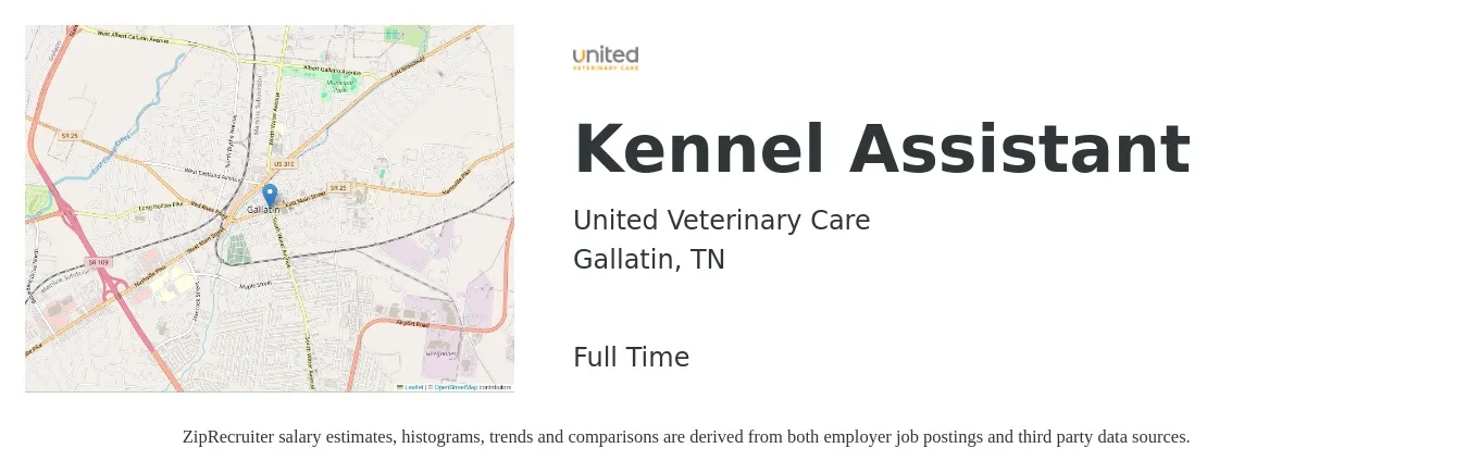United Veterinary Care job posting for a Kennel Assistant in Gallatin, TN with a salary of $10 to $14 Hourly with a map of Gallatin location.