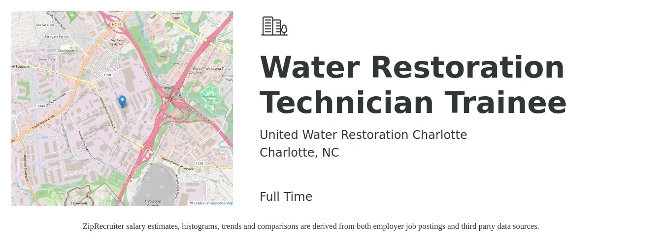United Water Restoration Charlotte job posting for a Water Restoration Technician Trainee in Charlotte, NC with a salary of $100 Hourly with a map of Charlotte location.