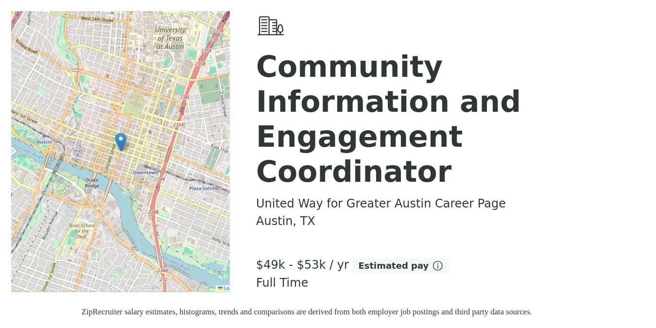 United Way for Greater Austin Career Page job posting for a Community Information and Engagement Coordinator in Austin, TX with a salary of $49,419 to $53,466 Yearly with a map of Austin location.