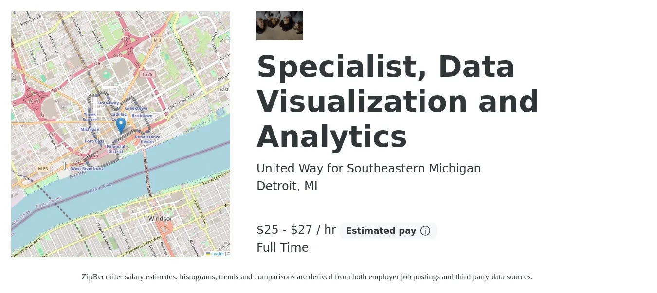 United Way for Southeastern Michigan job posting for a Specialist, Data Visualization and Analytics in Detroit, MI with a salary of $26 to $29 Hourly with a map of Detroit location.