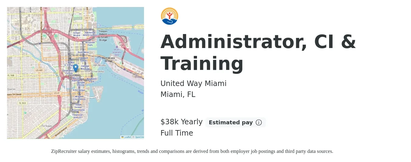 United Way Miami job posting for a Administrator, CI & Training in Miami, FL with a salary of $38,480 Yearly with a map of Miami location.