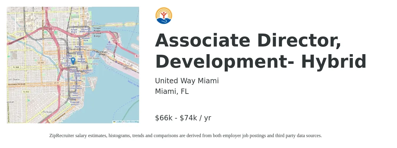 United Way Miami job posting for a Associate Director, Development- Hybrid in Miami, FL with a salary of $66,000 to $74,250 Yearly with a map of Miami location.