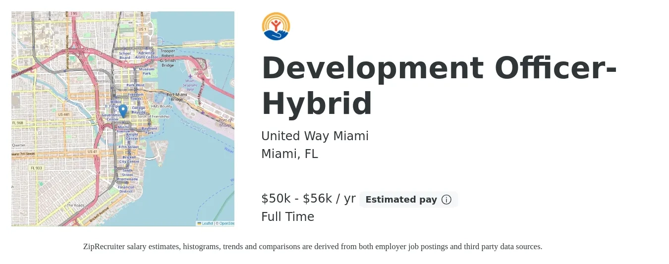 United Way Miami job posting for a Development Officer-Hybrid in Miami, FL with a salary of $50,000 to $56,250 Yearly with a map of Miami location.
