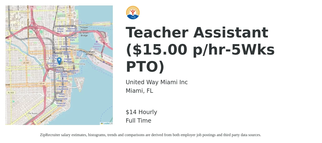 United Way Miami job posting for a Teacher Assistant ($15.00 p/hr-5Wks PTO) in Miami, FL with a salary of $15 Hourly with a map of Miami location.