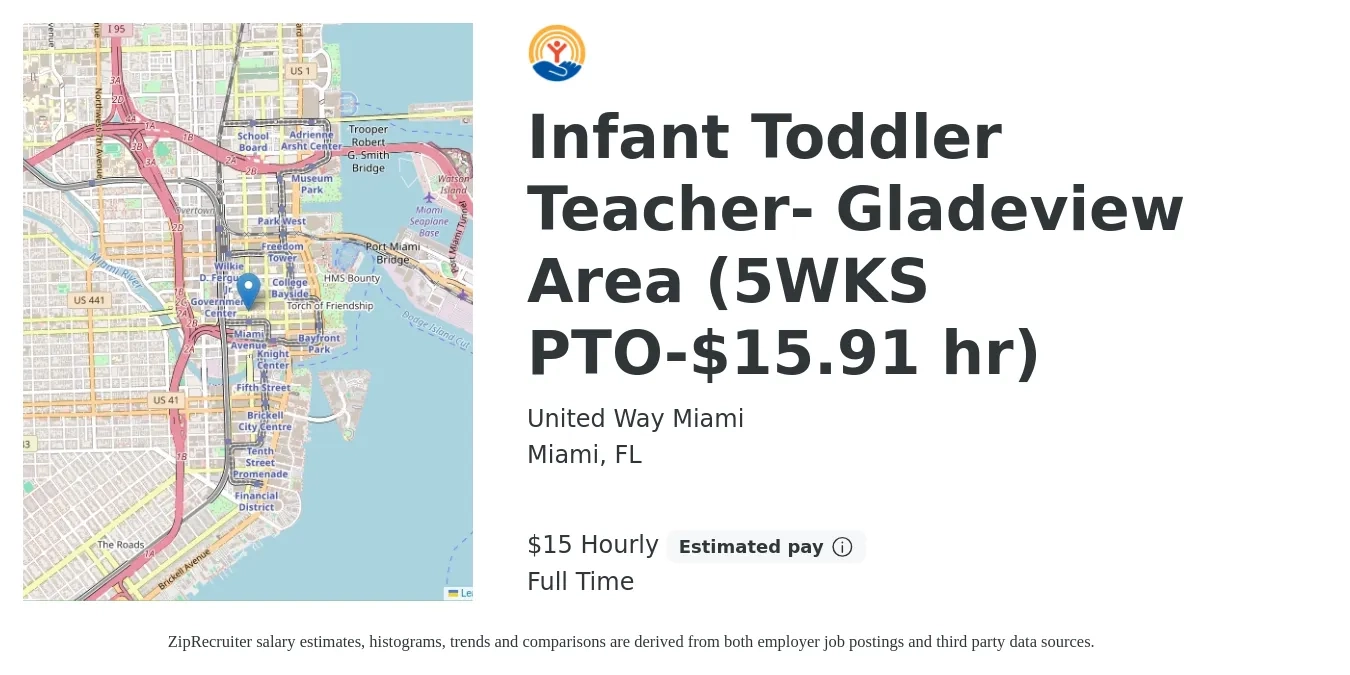 United Way Miami job posting for a Infant Toddler Teacher- Gladeview Area (5WKS PTO-$15.91 hr) in Miami, FL with a salary of $16 Hourly with a map of Miami location.