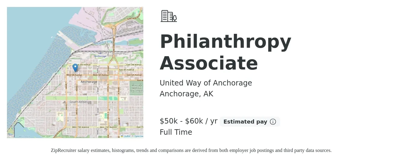 United Way of Anchorage job posting for a Philanthropy Associate in Anchorage, AK with a salary of $50,000 to $60,000 Yearly with a map of Anchorage location.