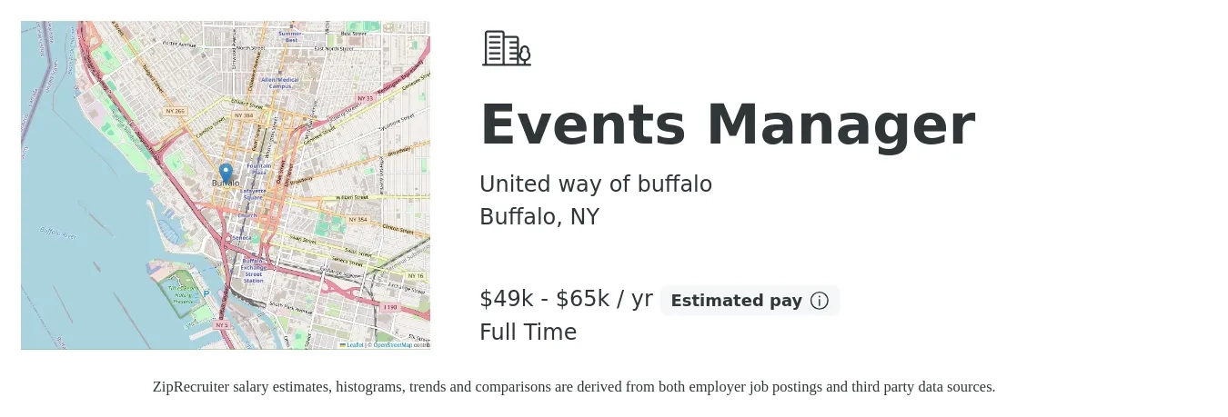 United way of buffalo job posting for a Events Manager in Buffalo, NY with a salary of $49,004 to $65,325 Yearly with a map of Buffalo location.