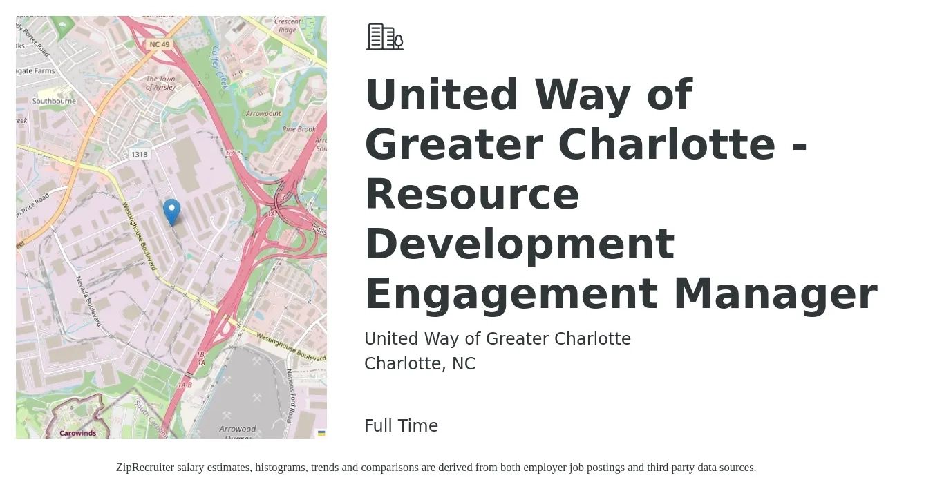 United Way of Greater Charlotte job posting for a United Way of Greater Charlotte - Resource Development Engagement Manager in Charlotte, NC with a salary of $52,700 to $91,800 Yearly with a map of Charlotte location.