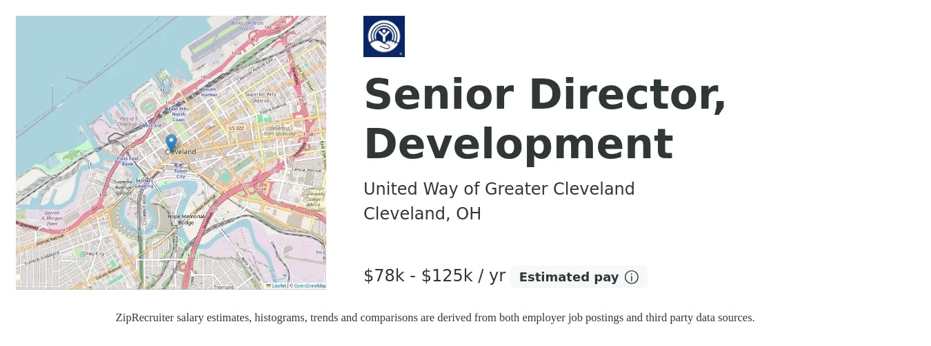 United Way of Greater Cleveland job posting for a Senior Director, Development in Cleveland, OH with a salary of $78,249 to $125,198 Yearly with a map of Cleveland location.