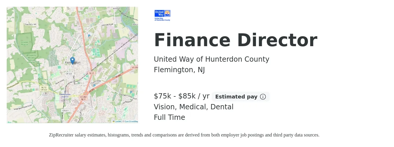 United Way of Hunterdon County job posting for a Finance Director in Flemington, NJ with a salary of $75,000 to $85,000 Yearly and benefits including vision, dental, life_insurance, medical, pto, and retirement with a map of Flemington location.