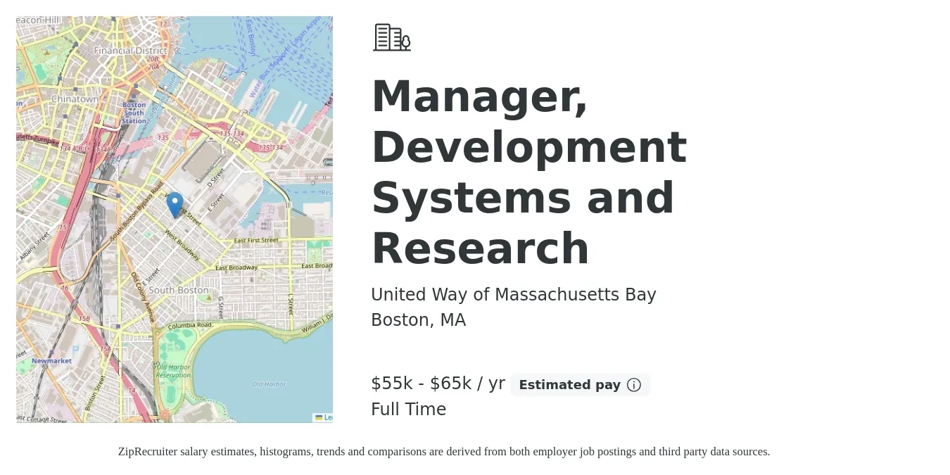 United Way of Massachusetts Bay job posting for a Manager, Development Systems and Research in Boston, MA with a salary of $55,000 to $65,000 Yearly with a map of Boston location.