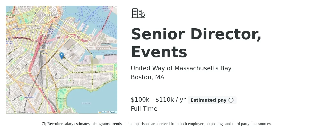 United Way of Massachusetts Bay job posting for a Senior Director, Events in Boston, MA with a salary of $100,000 to $110,000 Yearly with a map of Boston location.