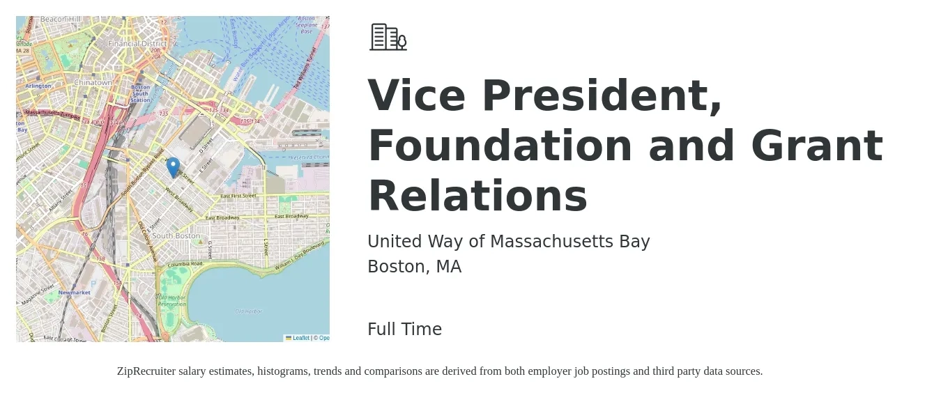 United Way of Massachusetts Bay job posting for a Vice President, Foundation and Grant Relations in Boston, MA with a salary of $125,100 to $190,900 Yearly with a map of Boston location.
