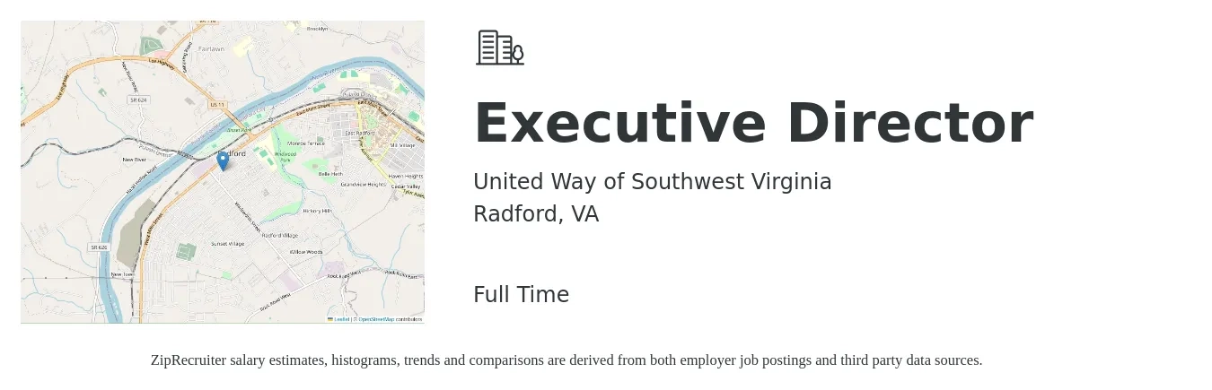 United Way of Southwest Virginia job posting for a Executive Director in Radford, VA with a salary of $75,000 Yearly with a map of Radford location.