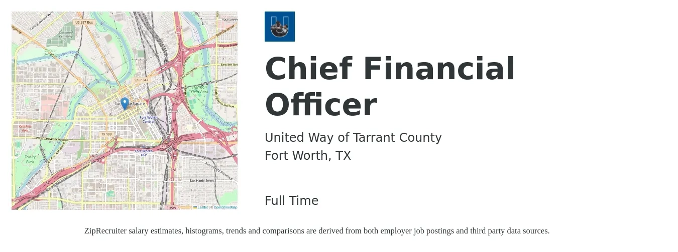 United Way of Tarrant County job posting for a Chief Financial Officer in Fort Worth, TX with a salary of $135,000 to $383,000 Yearly with a map of Fort Worth location.