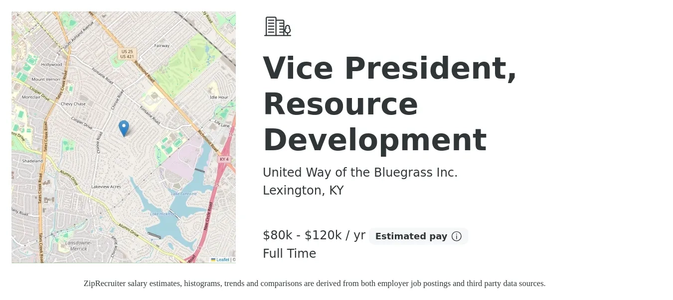 United Way of the Bluegrass Inc. job posting for a Vice President, Resource Development in Lexington, KY with a salary of $76,484 to $99,429 Yearly with a map of Lexington location.
