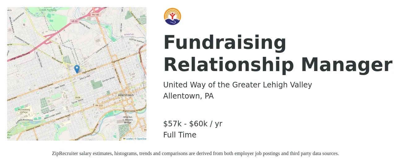 United Way of the Greater Lehigh Valley job posting for a Fundraising Relationship Manager in Allentown, PA with a salary of $57,000 to $60,000 Yearly with a map of Allentown location.