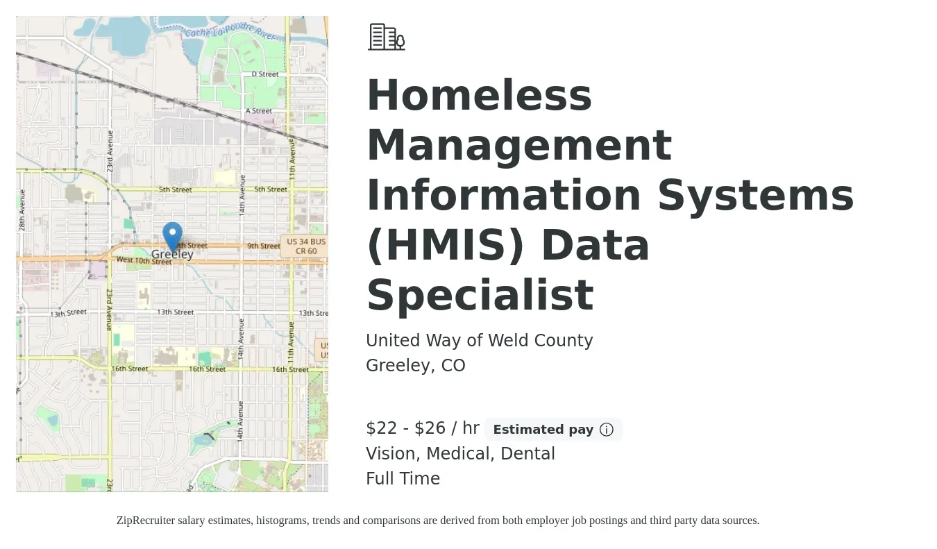 United Way of Weld County job posting for a Homeless Management Information Systems (HMIS) Data Specialist in Greeley, CO with a salary of $23 to $27 Hourly and benefits including dental, life_insurance, medical, retirement, and vision with a map of Greeley location.